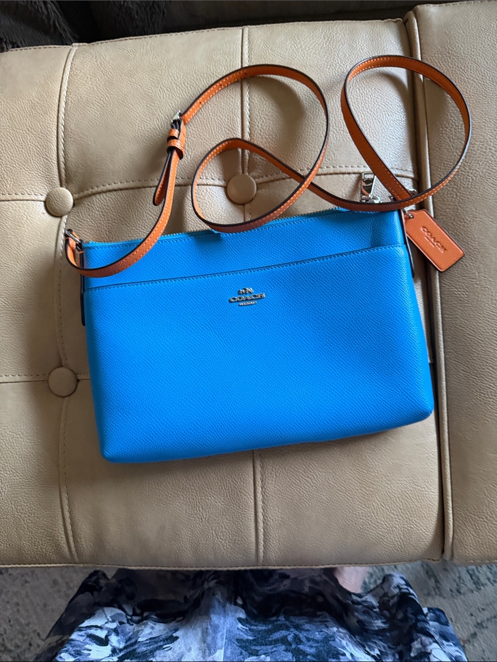 Coach grained Blue Leather Crossbody with burnt orange  8 by 10